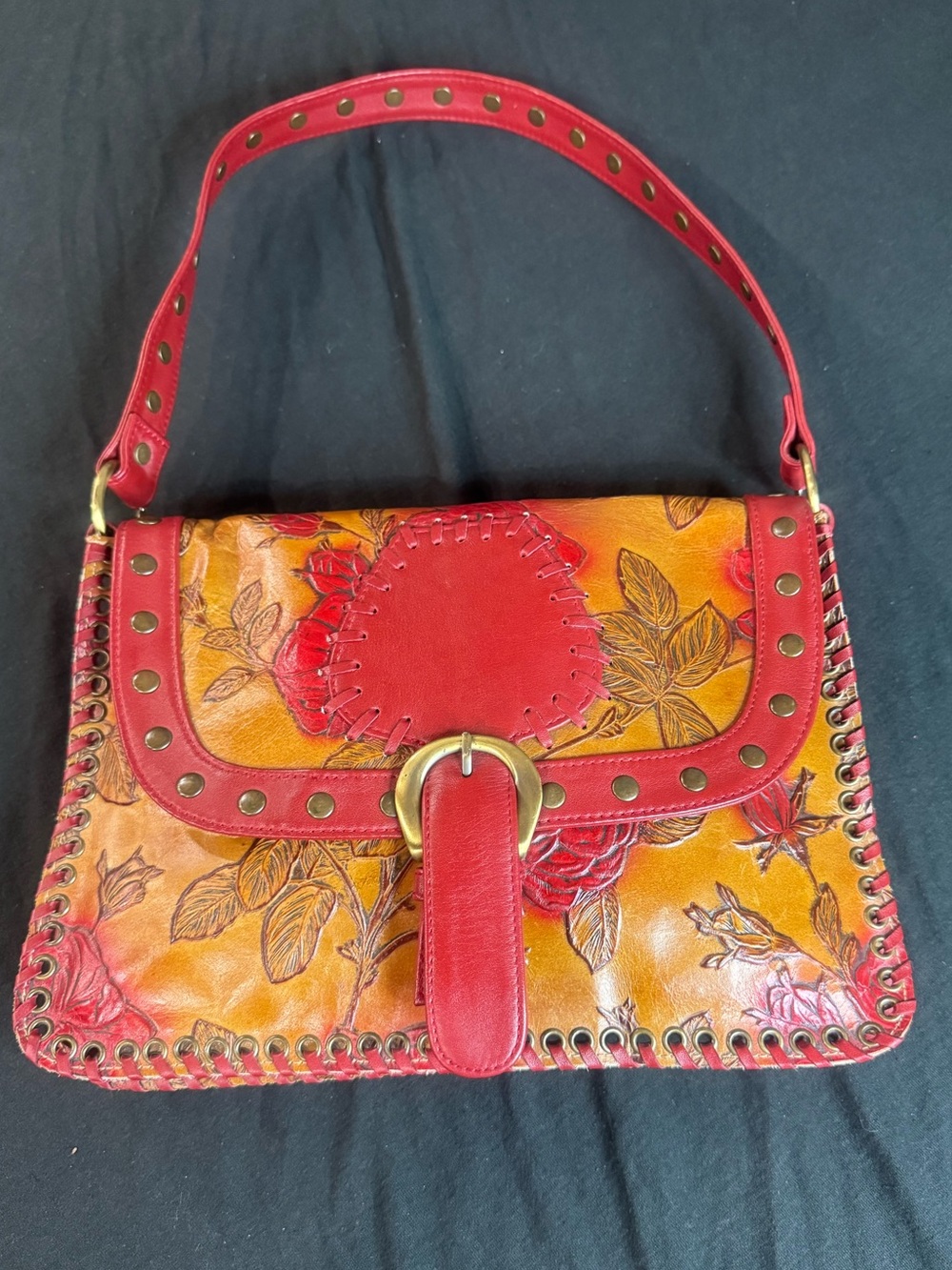 Vintage Y2K Isabella Fiore Rose Floral Leather Studded Shoulder Bag